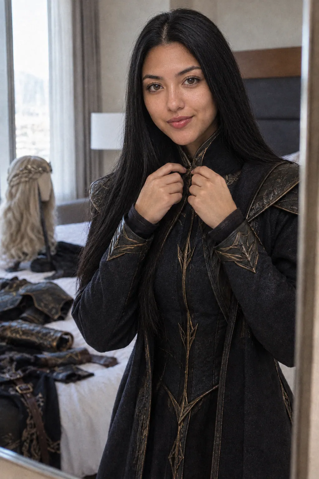 Her fastening the collar of a dark fantasy cosplay coat in a hotel mirror