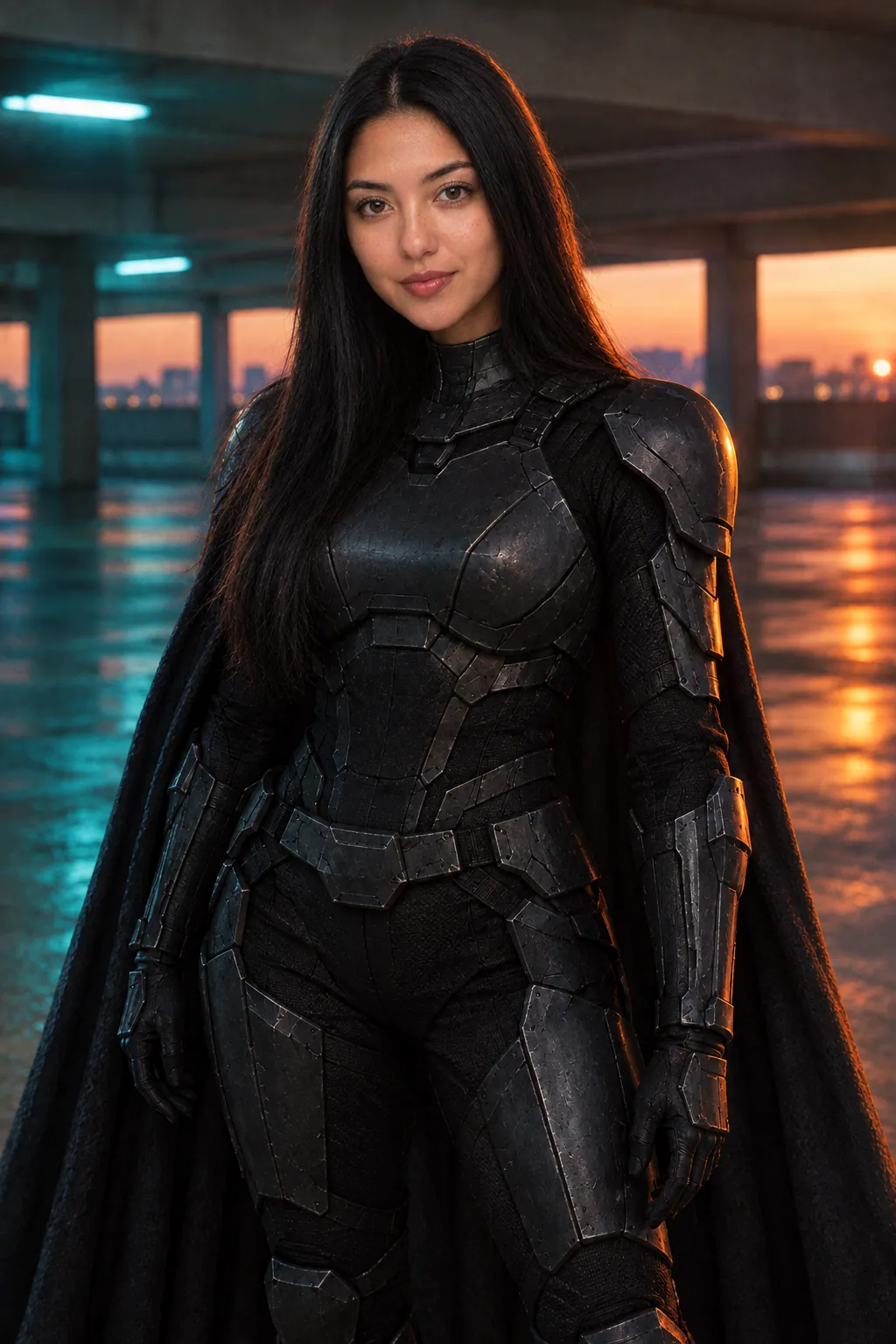 Her posing in dark armoured cosplay with a cape in a parking structure at dusk