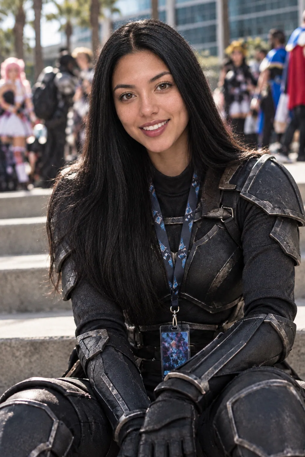 Her laughing on convention centre steps in dark armoured cosplay