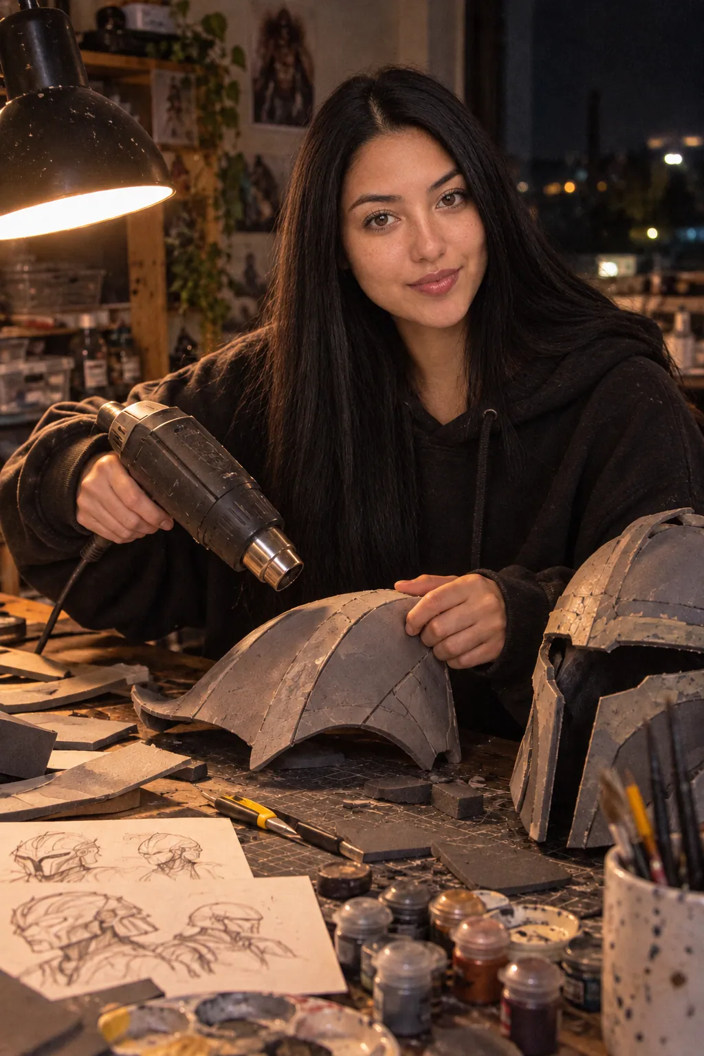 Her building a foam cosplay armour piece at her craft desk at night