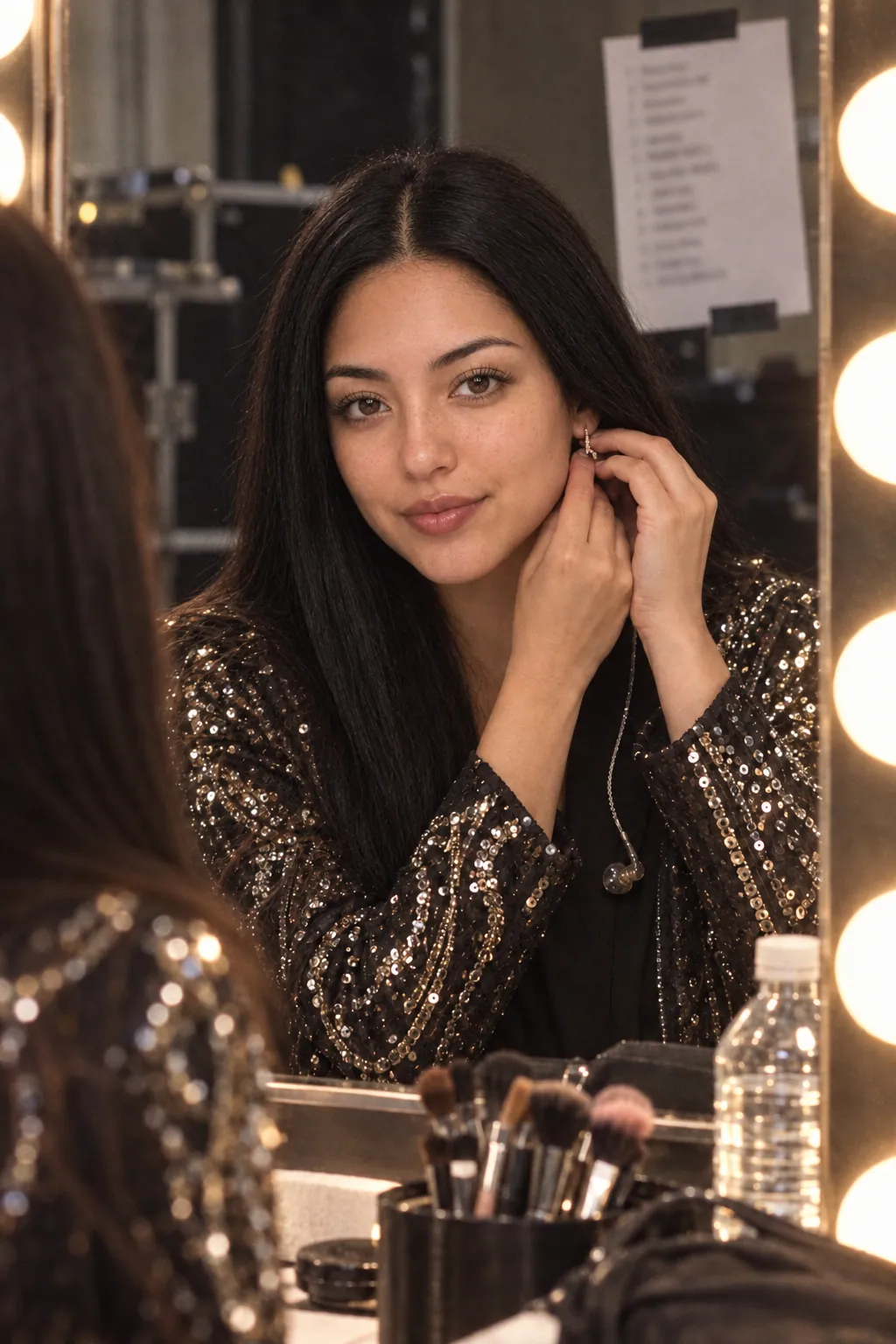 Her backstage at a dressing-room mirror ringed with bulbs, fixing an earring