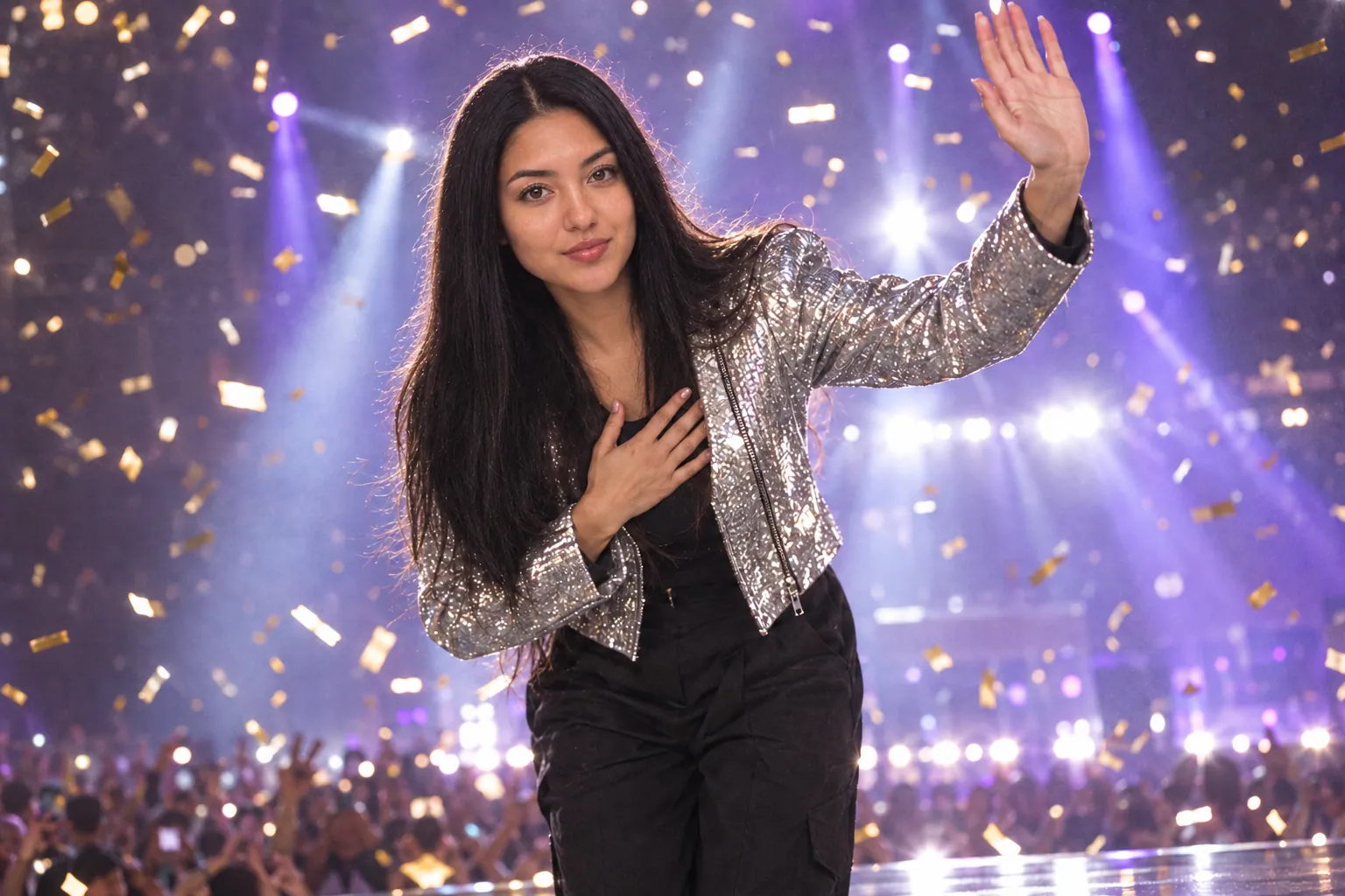 Her waving to the crowd with a hand on her heart as gold confetti falls at the end of a show