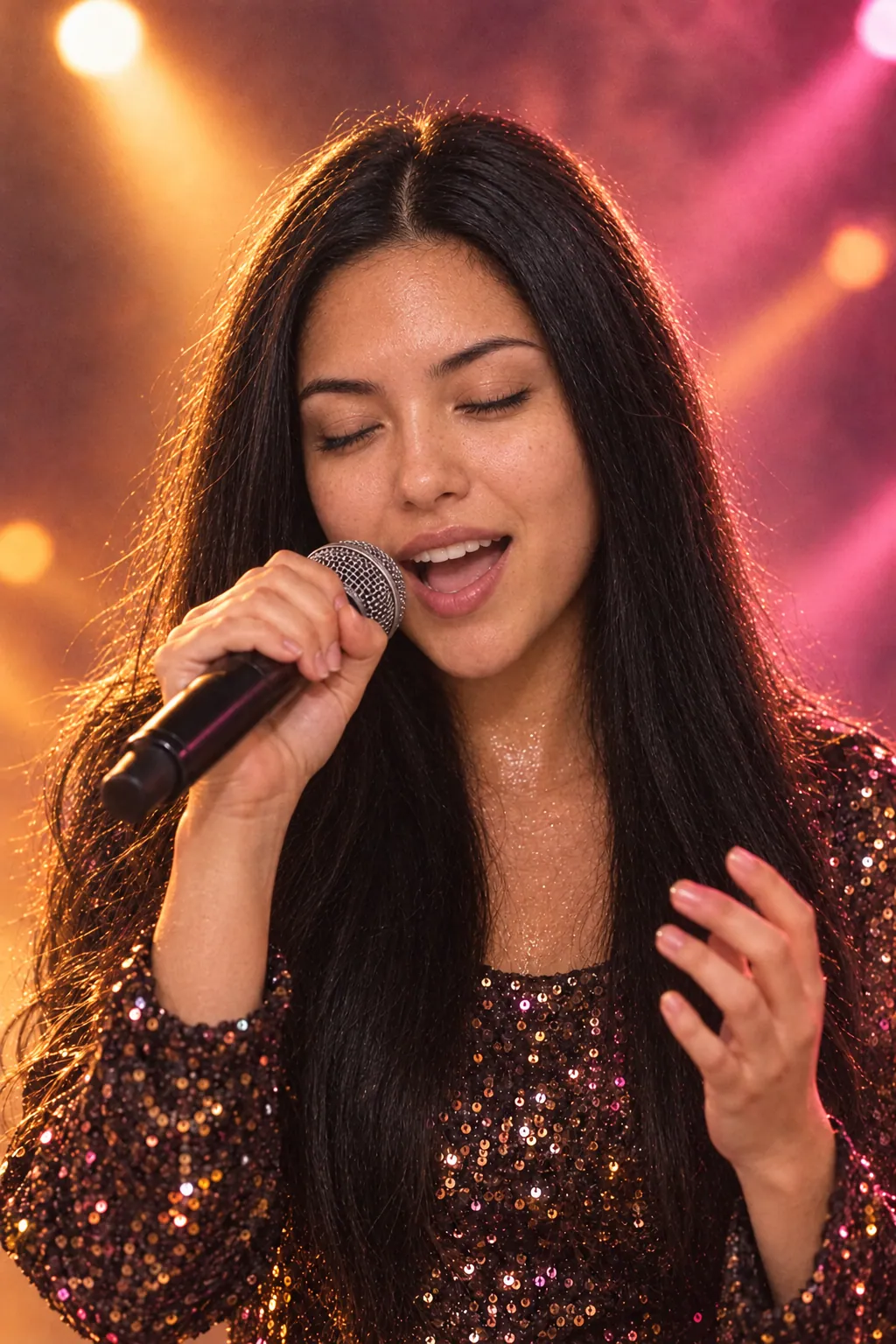 Her eyes closed, belting a high note into a microphone under warm stage light