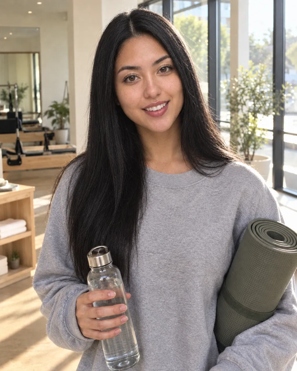 Her laughing in a Pilates studio lobby with a water bottle and mat