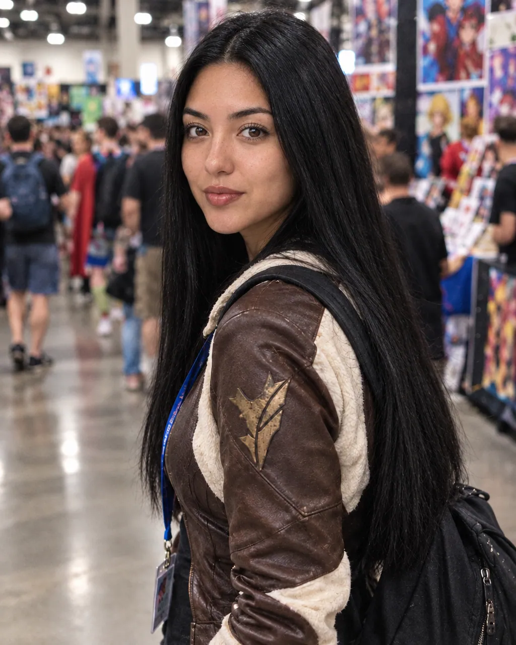 Her on a busy comic convention floor in a cosplay jacket
