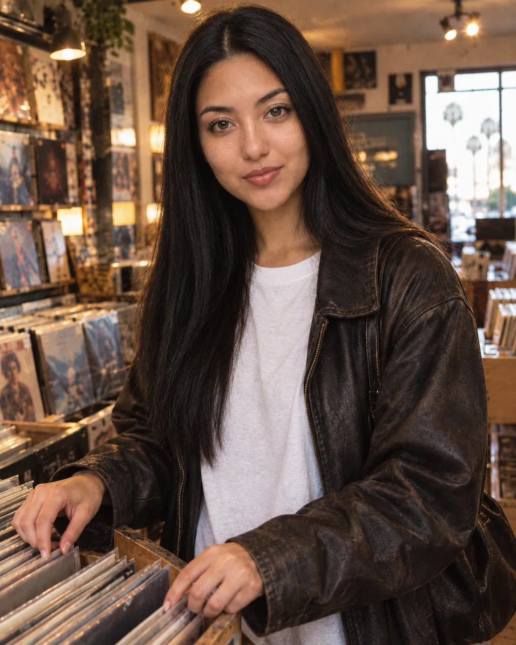 Her flipping through vinyl in a record store