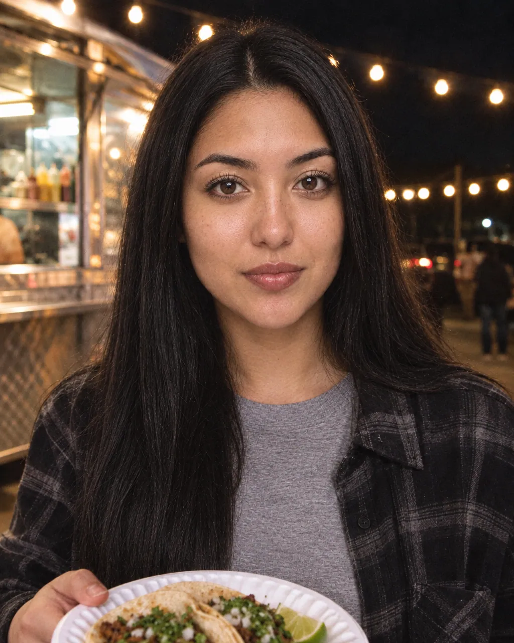Her at a taco truck at night under string lights