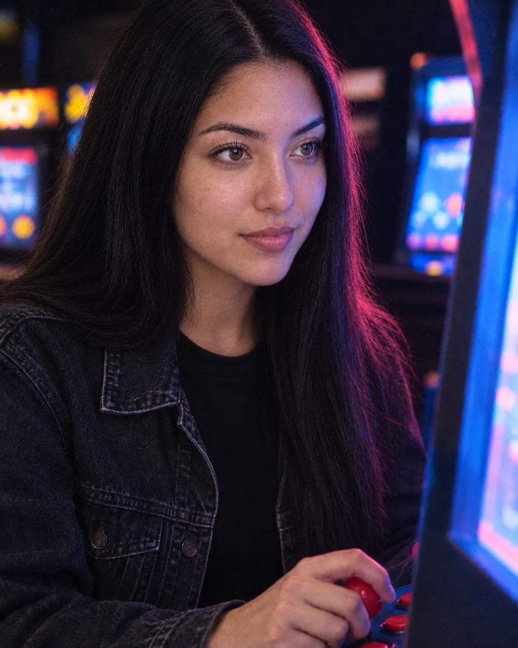 Her playing a retro arcade game in neon light