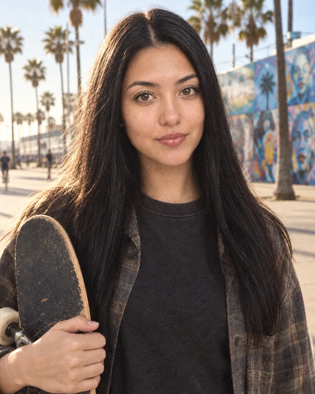 Her on Venice boardwalk holding a skateboard