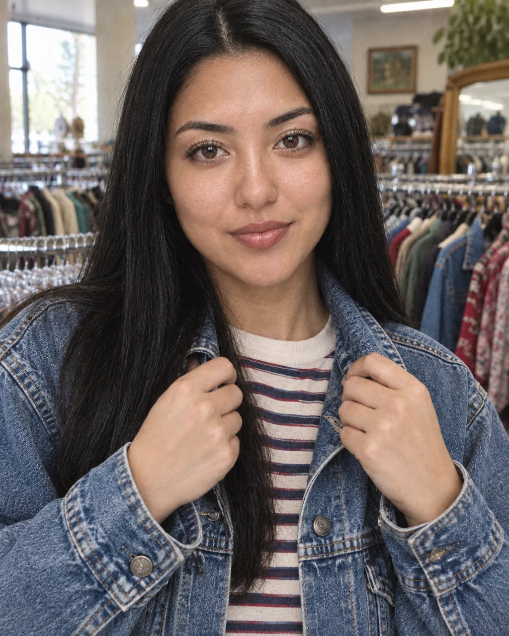 Her trying on a vintage denim jacket in a thrift store