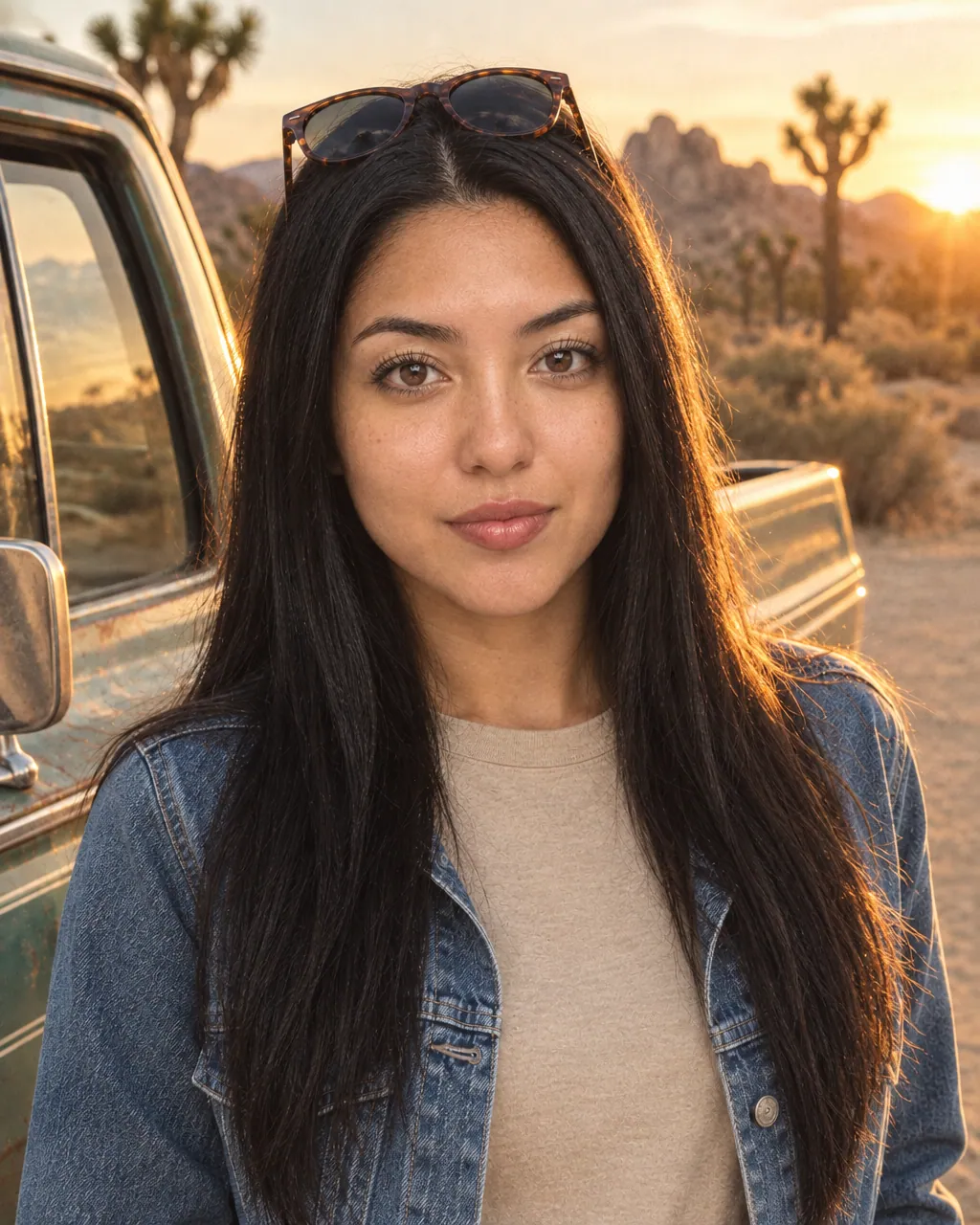 Her by an old pickup truck on a desert road at golden hour