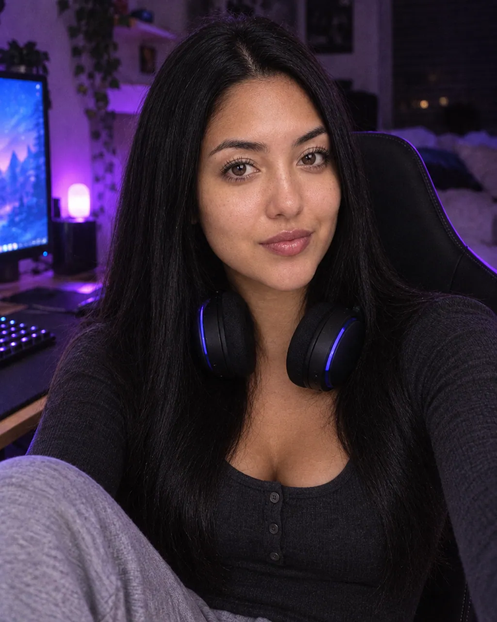 Her at her gaming setup at night with headphones
