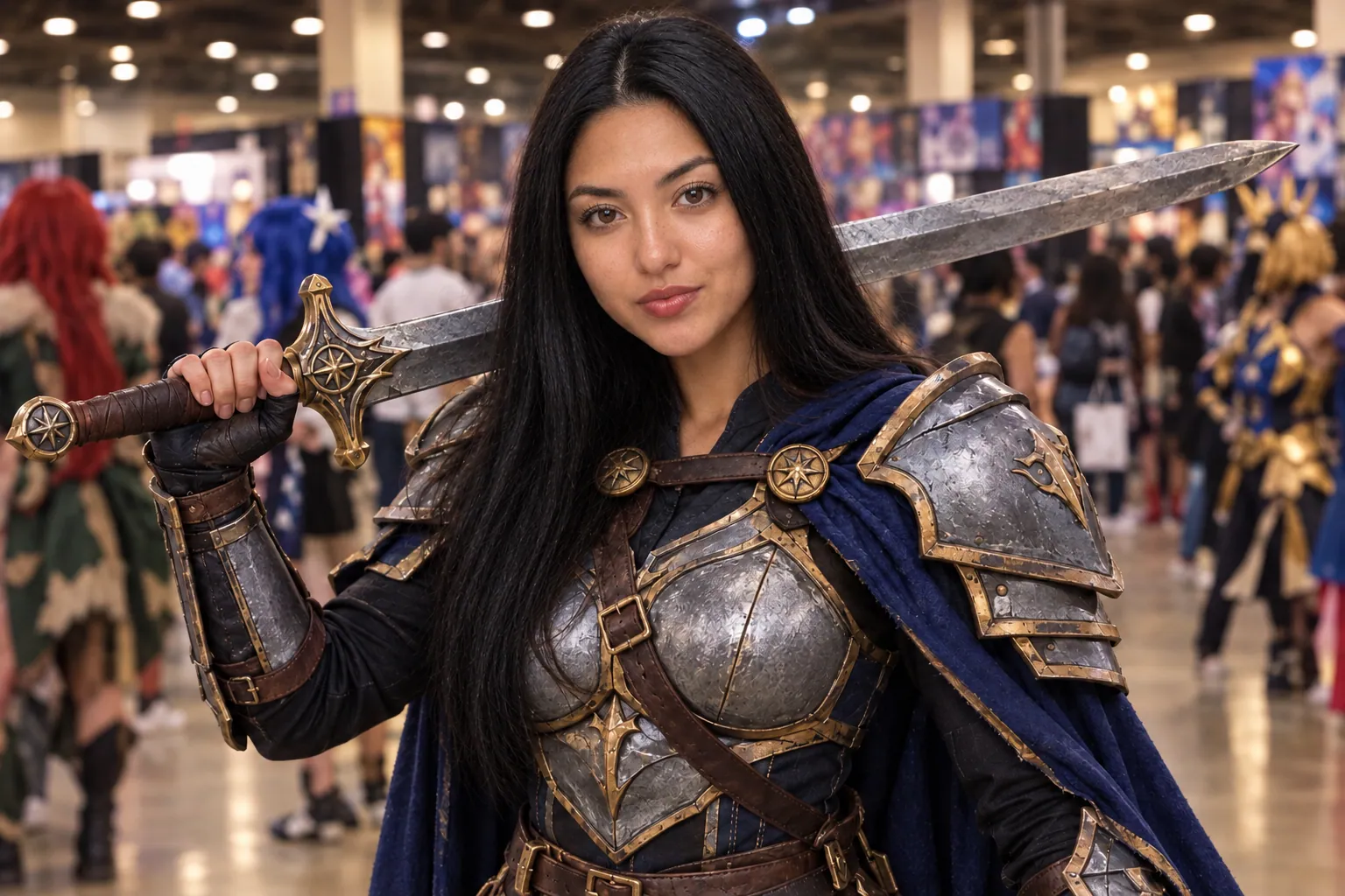 Her in handmade fantasy armour cosplay with a prop sword on her shoulder at a comic convention