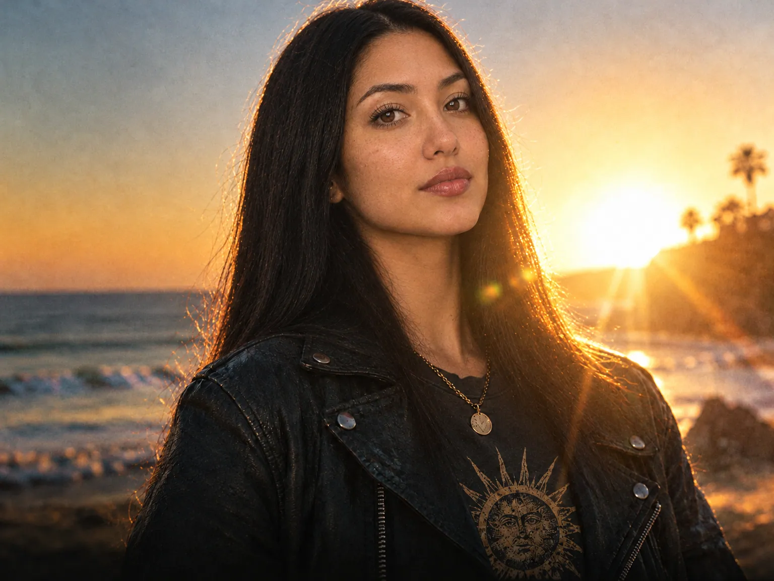 Her golden-hour portrait on a California beach, leather jacket, sun flaring behind her (virtual influencer)