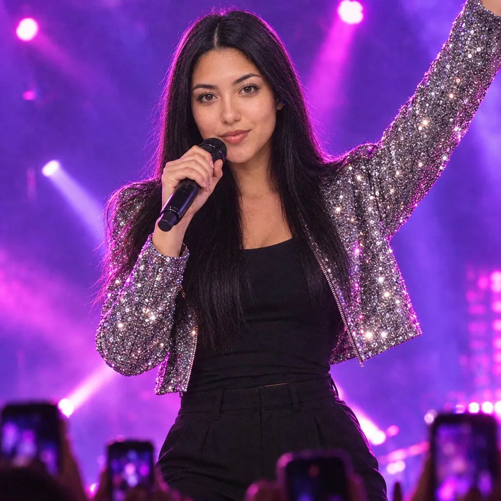 Her singing into a microphone on a big pop stage under violet lights, one arm raised